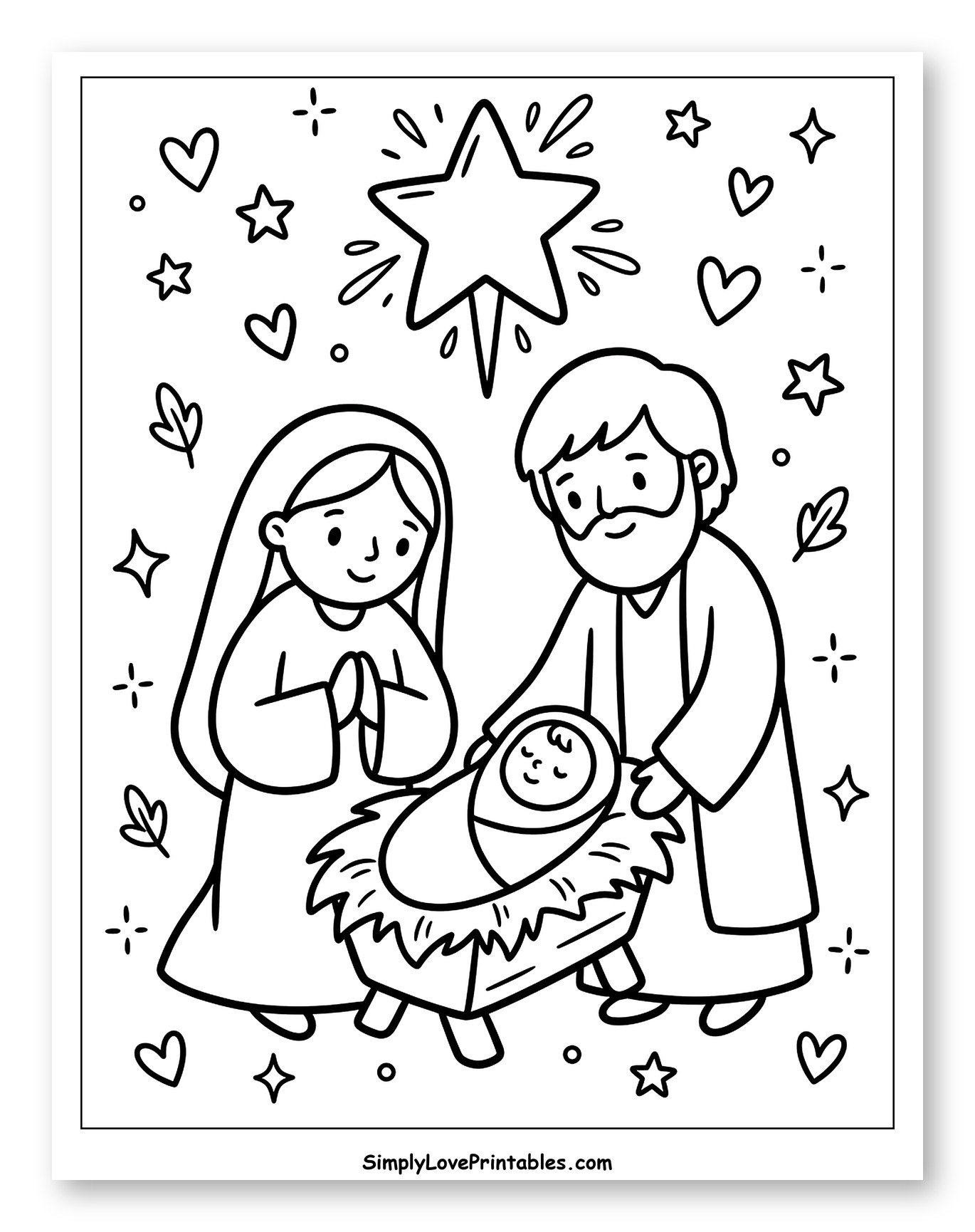 Holy Family with Baby Jesus and Star Coloring Sheet for Adults