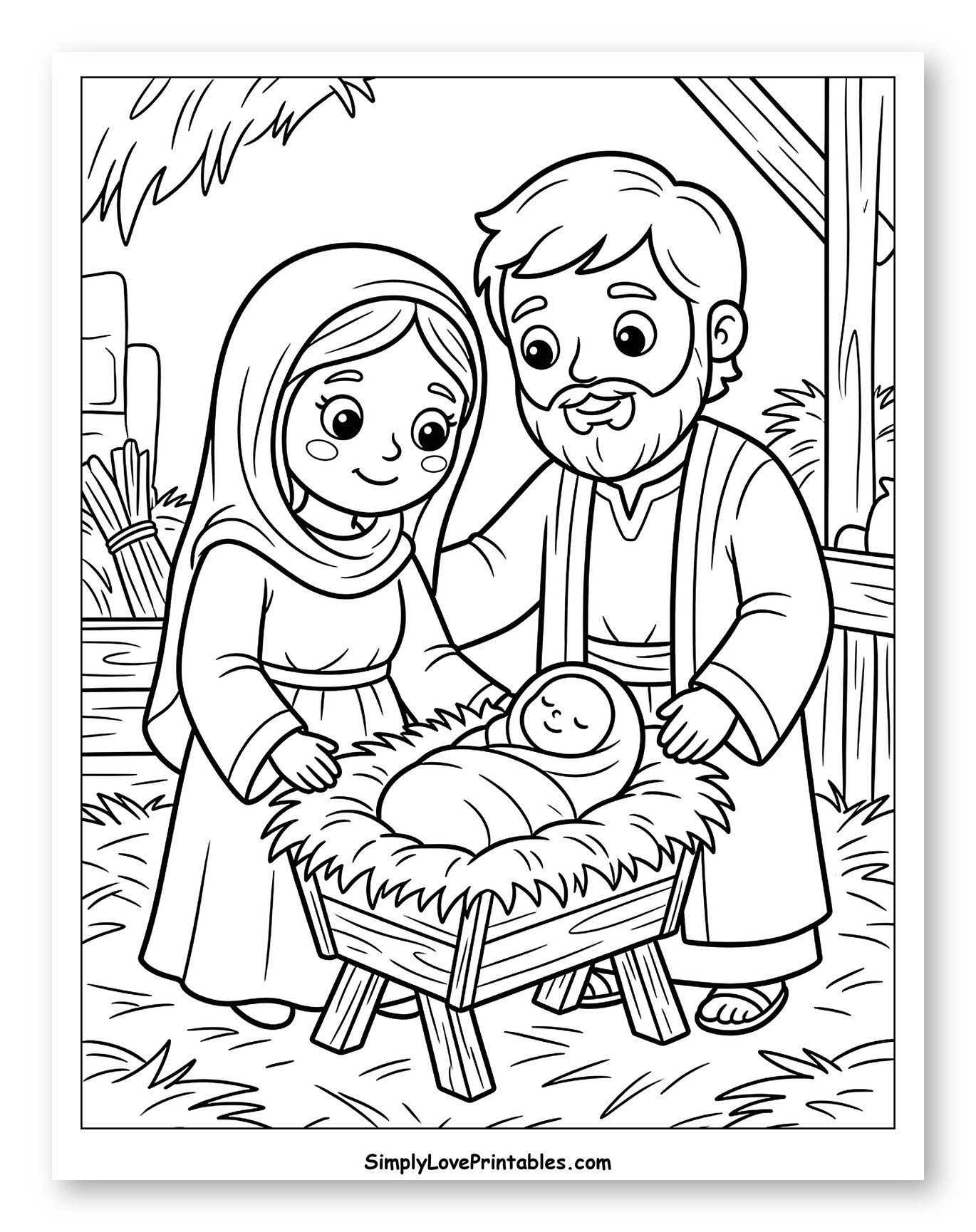 Holy Family with Baby Jesus in a Manger Coloring Page for Kids