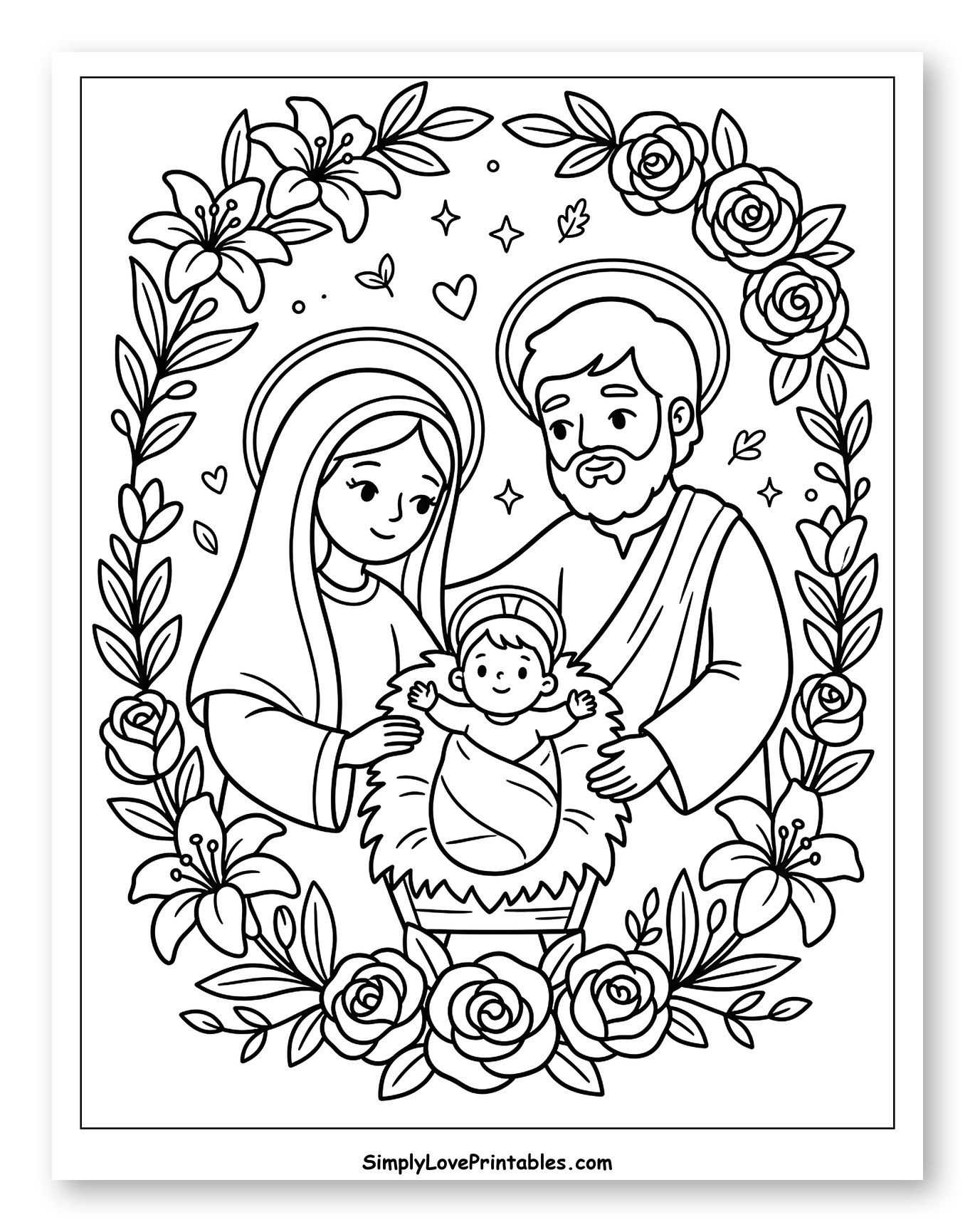 Holy Family with Baby Jesus in Manger Coloring Page for Adults