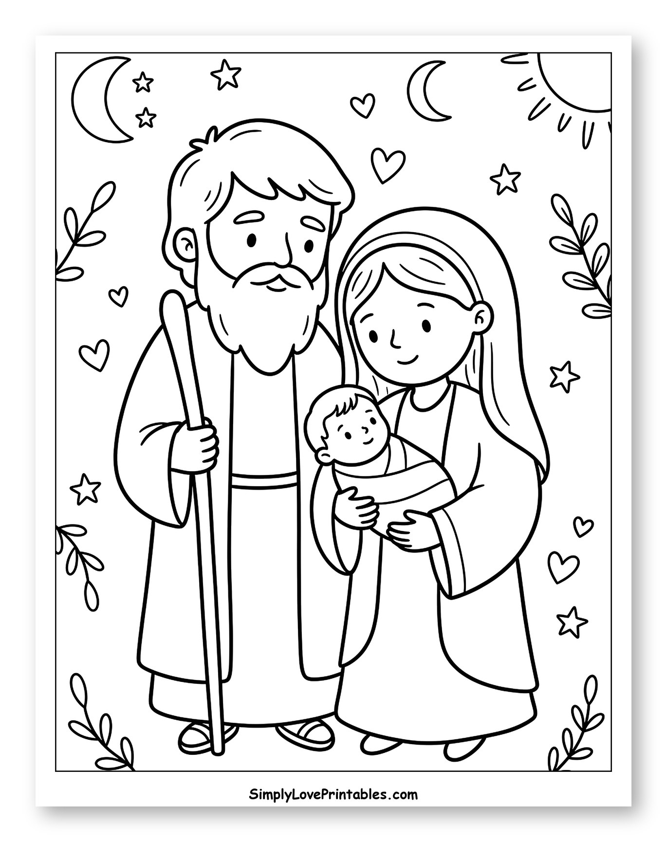 Holy Family with Baby Jesus, Moon, and Stars Coloring Page for Adults