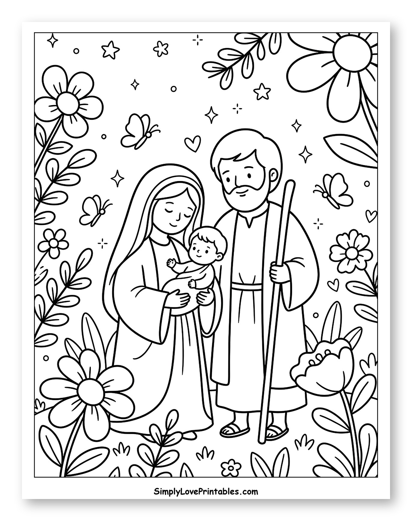 Holy Family with Flowers and Butterflies Coloring Sheet for Adults