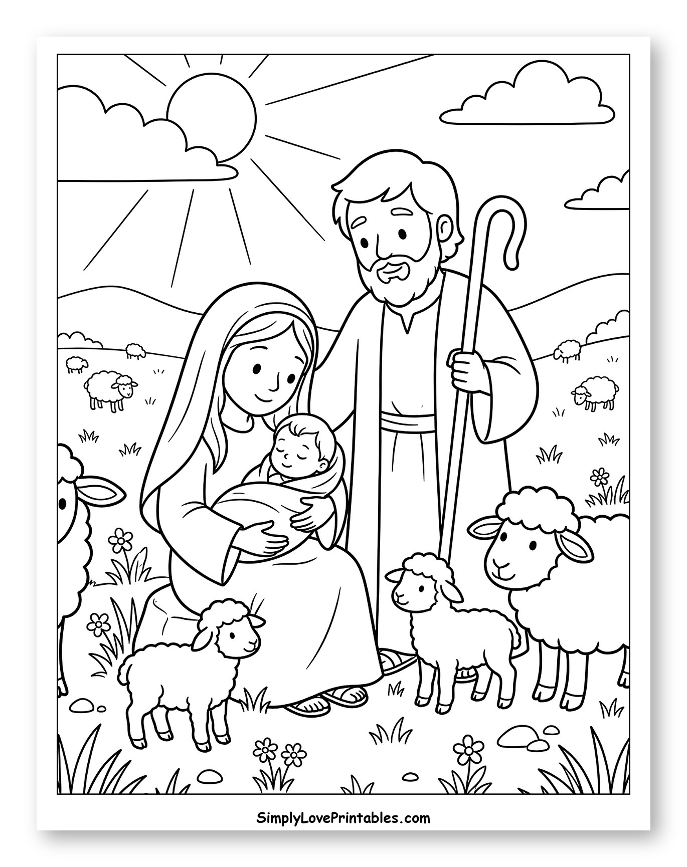 Holy Family with Shepherds and Sheep Coloring Sheet for Kids