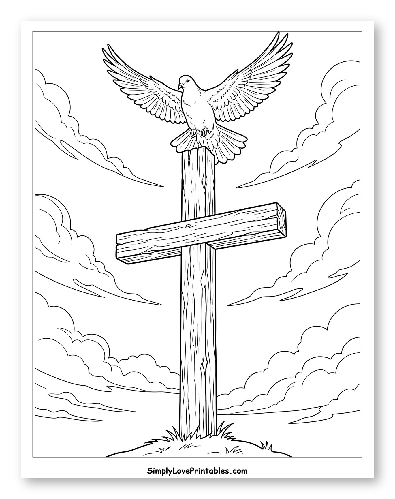 Holy Spirit Dove on a Wooden Cross Coloring Page