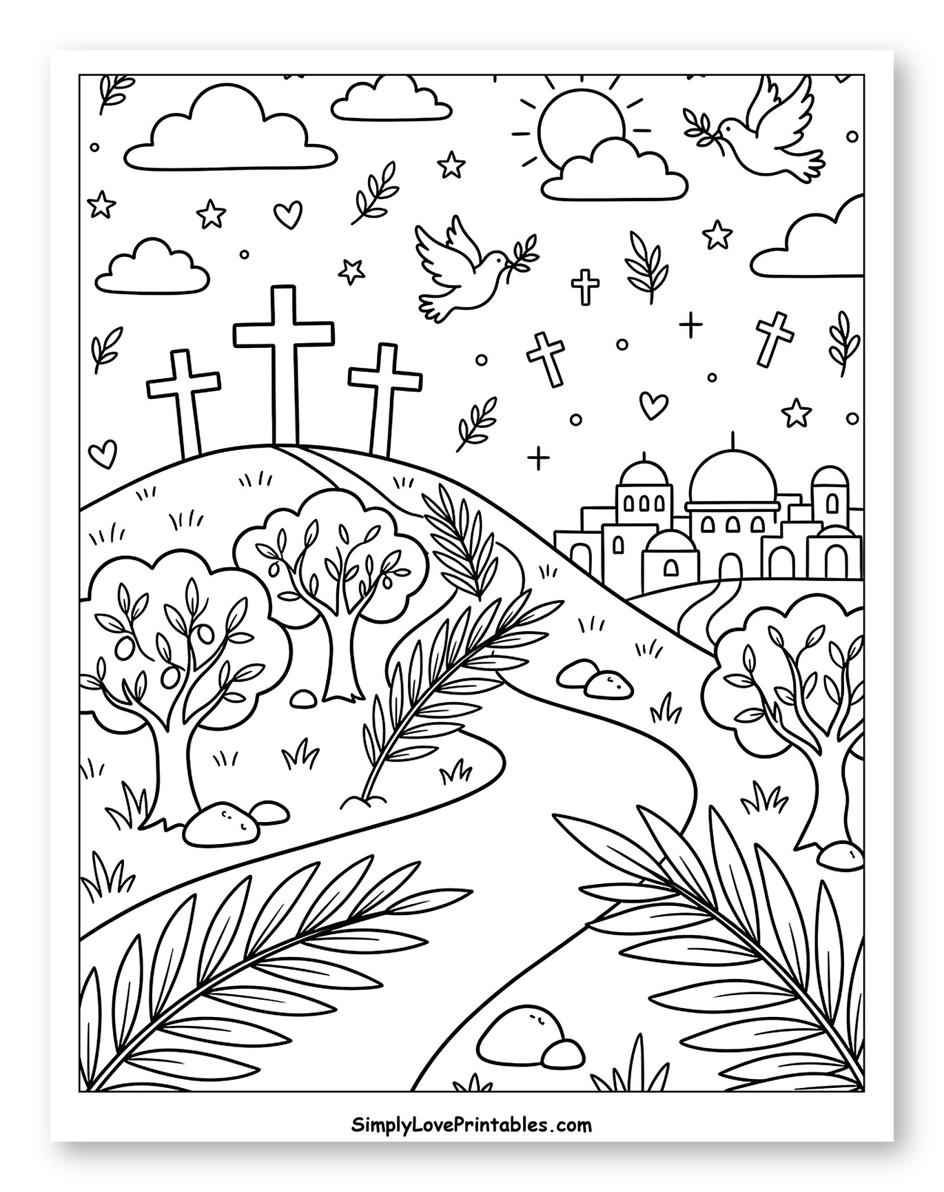 Holy Week Scene with Crosses and Doves to Color for Adults
