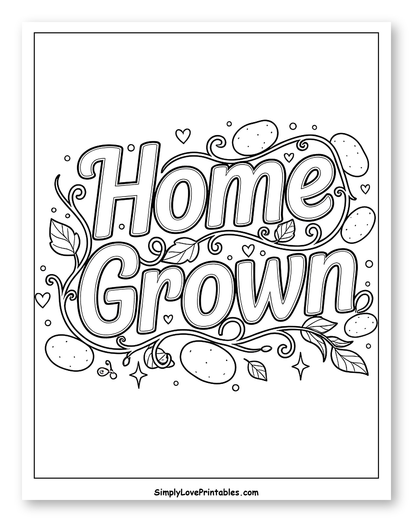 Home Grown Lettering with Potatoes and Vines Coloring Page for Adults