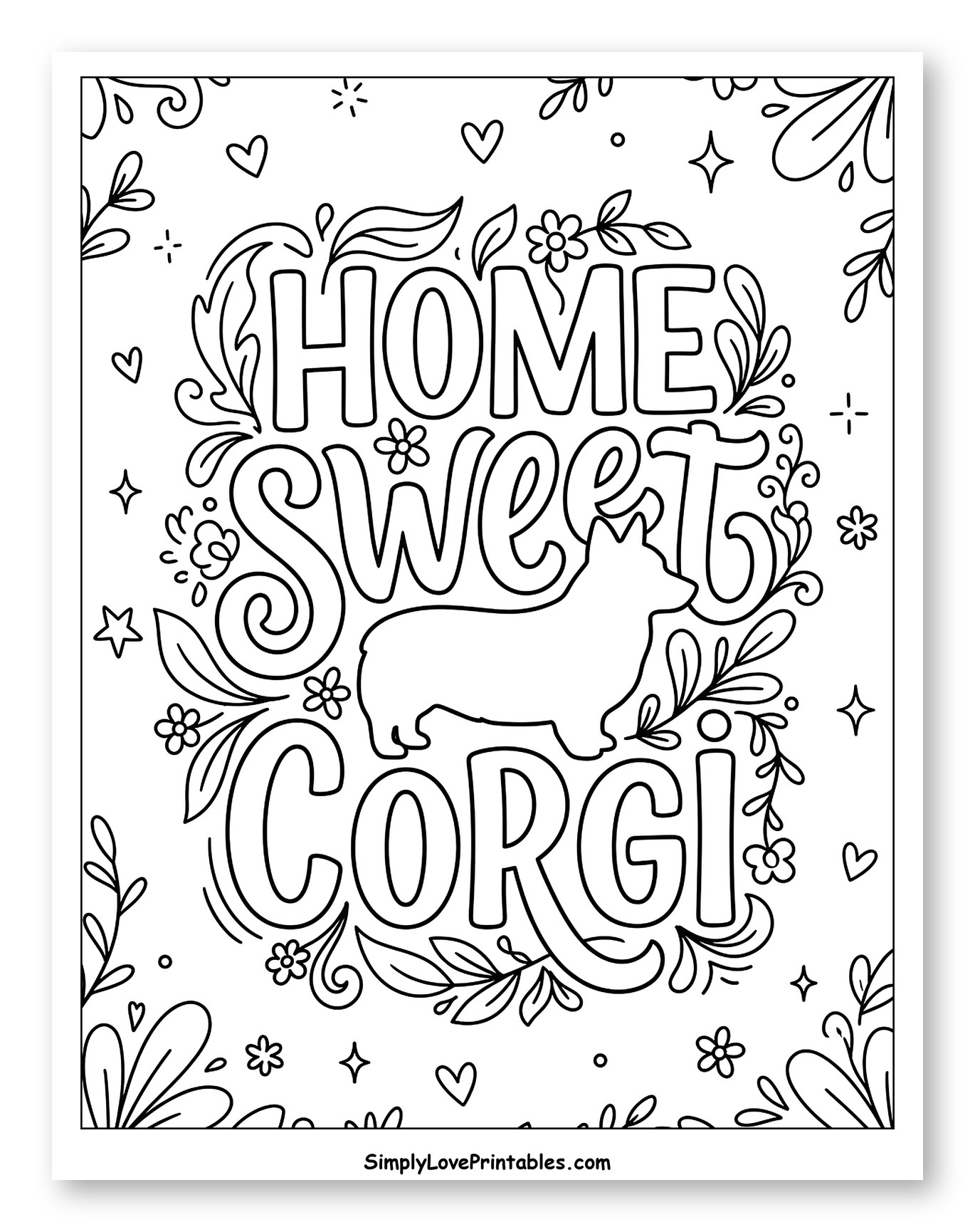 Home Sweet Corgi with Floral Elements to Color for Adults