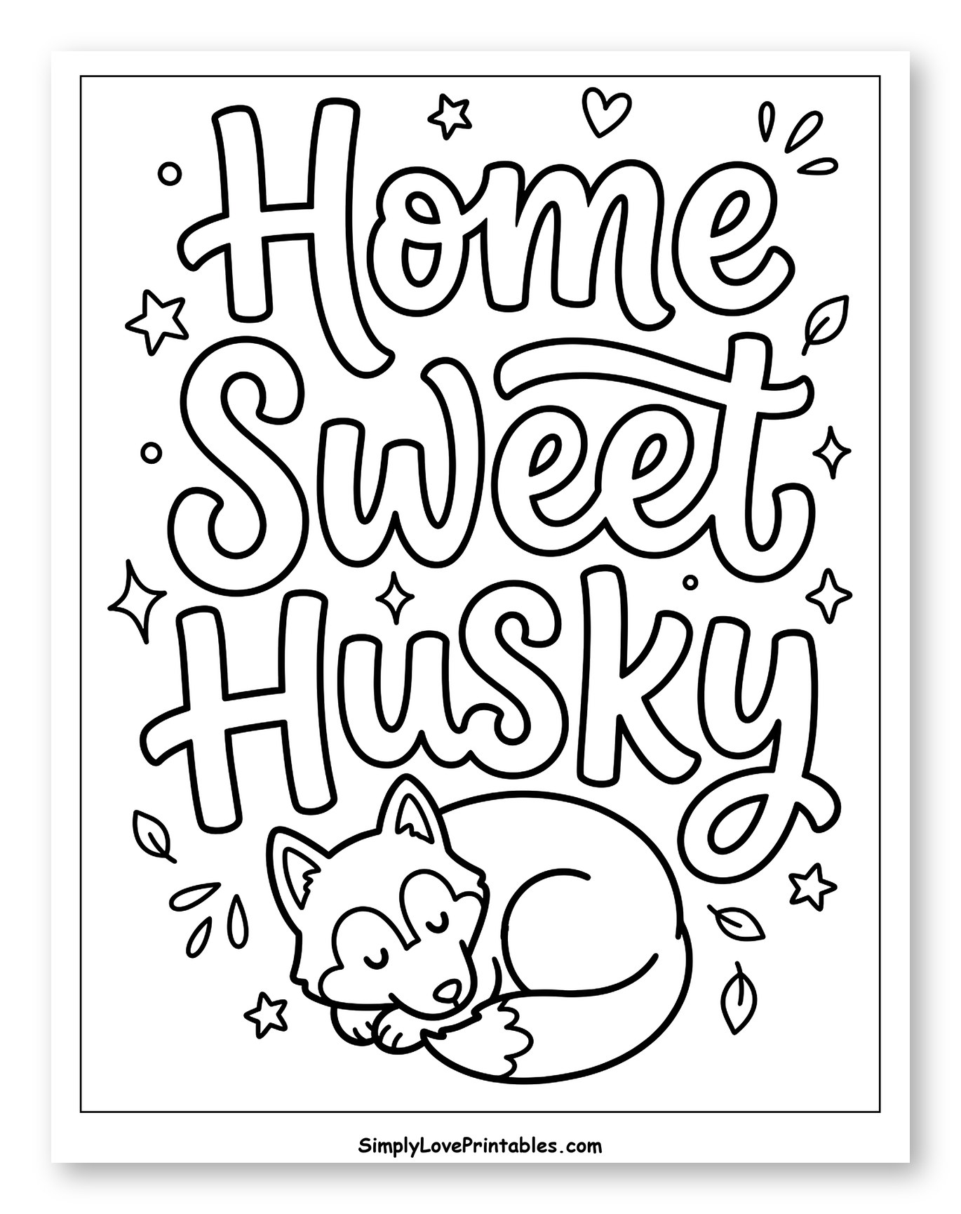 Home Sweet Husky Lettering with Sleeping Dog to Color for Adults