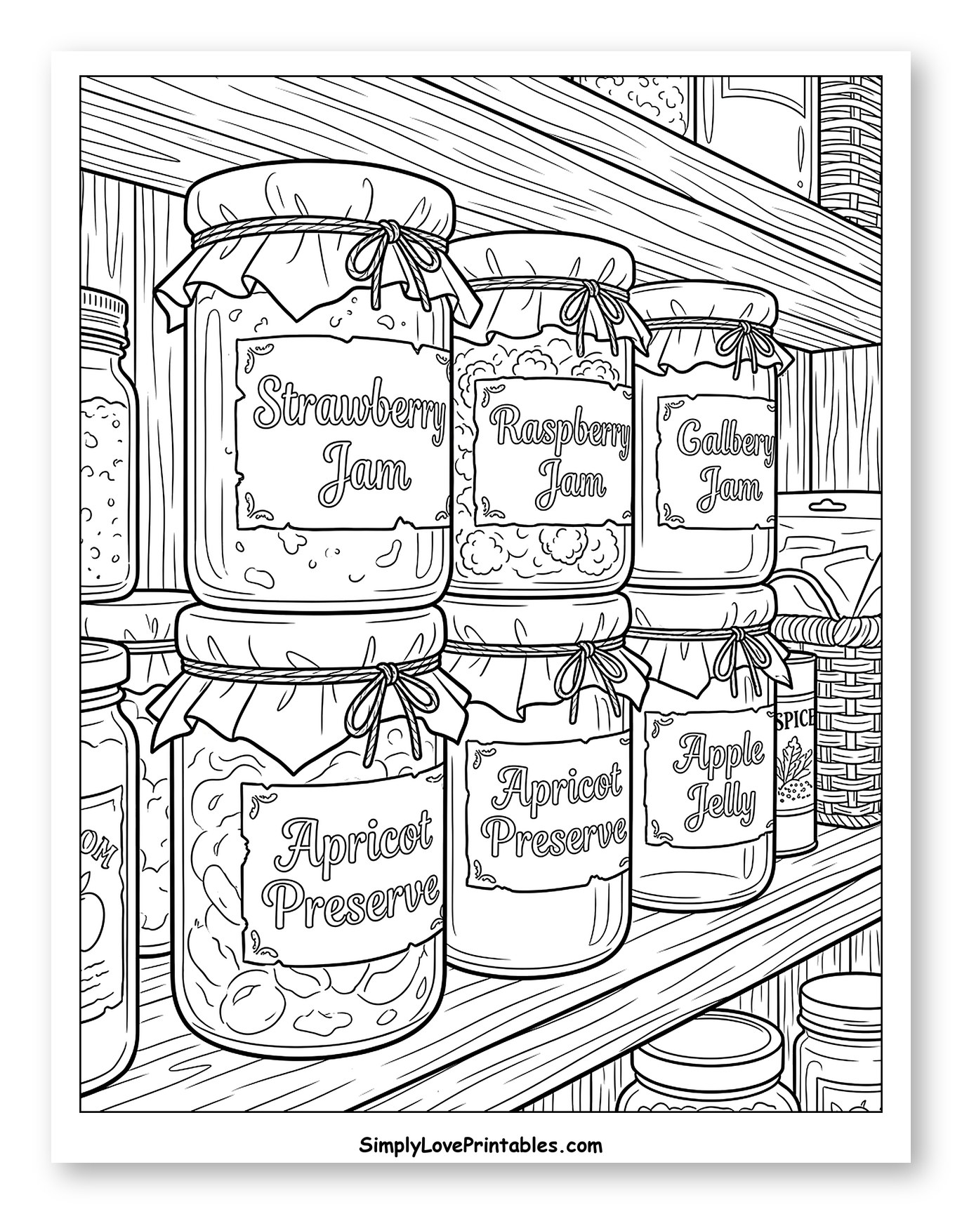 Homemade Jams and Jellies on Wooden Shelves Coloring Sheet