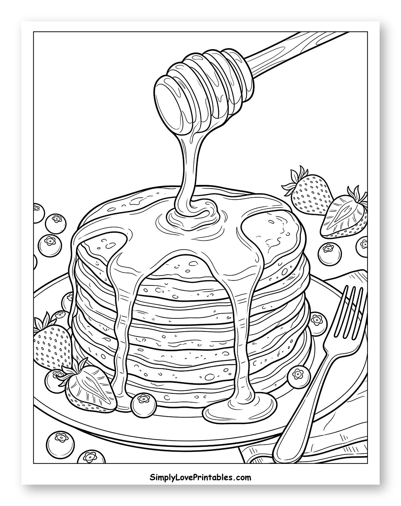 Honey Drizzling on Pancakes with Berries