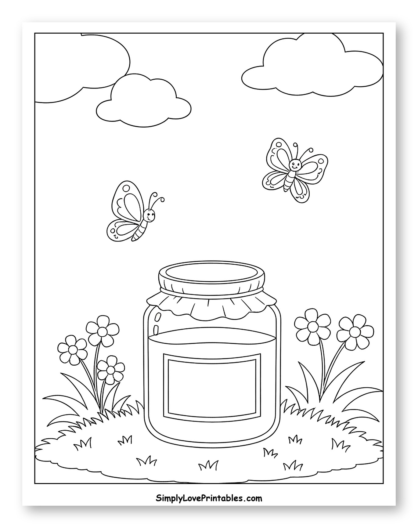 Honey Jar with Butterflies and Flowers Coloring Sheet for Kids
