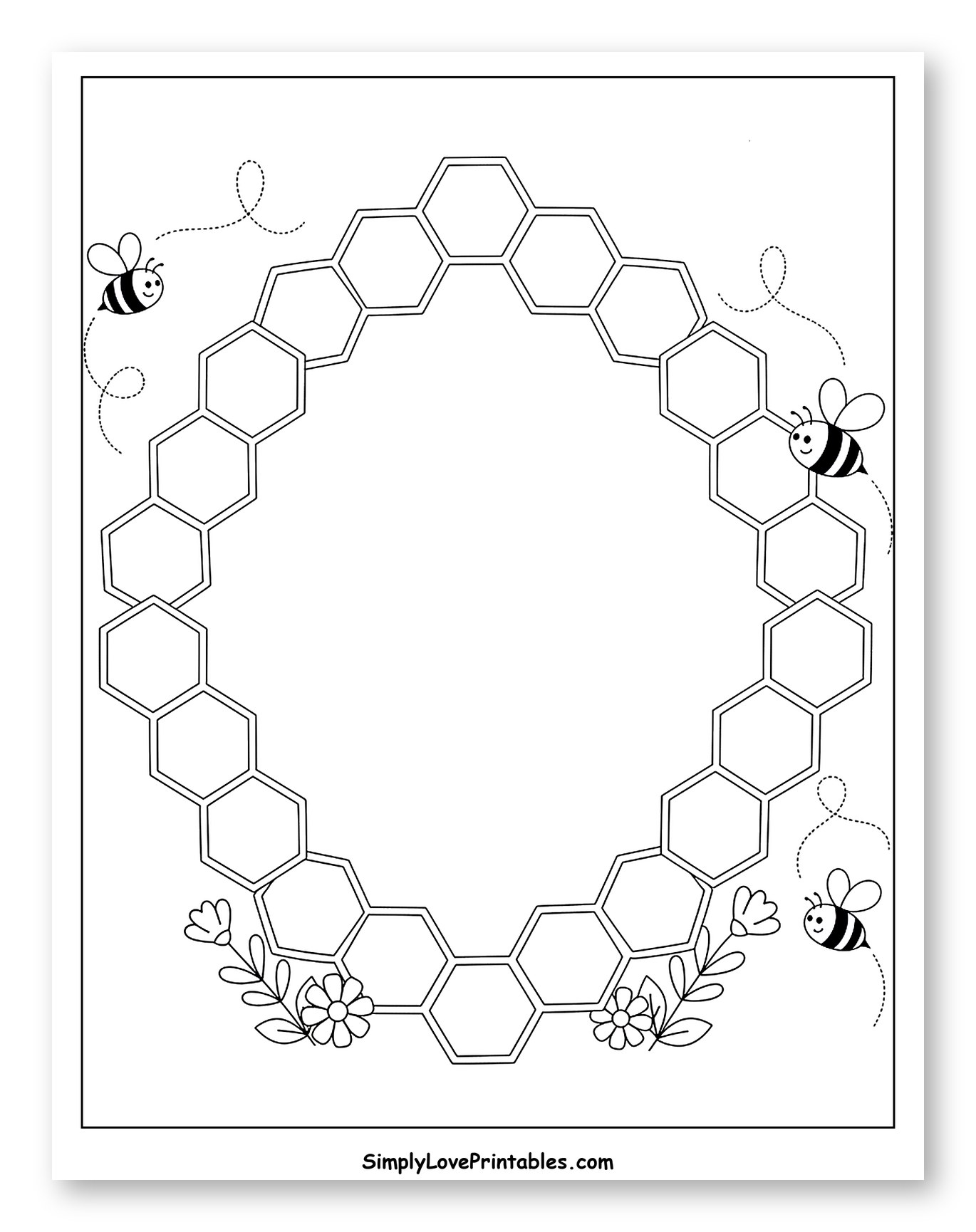 Honeycomb Hexagons with Bees and Flowers Frame to Color for Kids