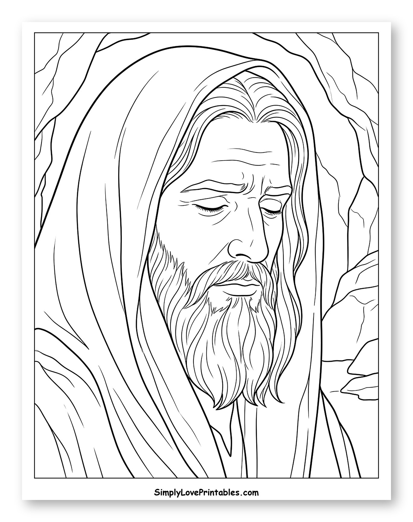 Hooded Bearded Man Praying in a Cave
