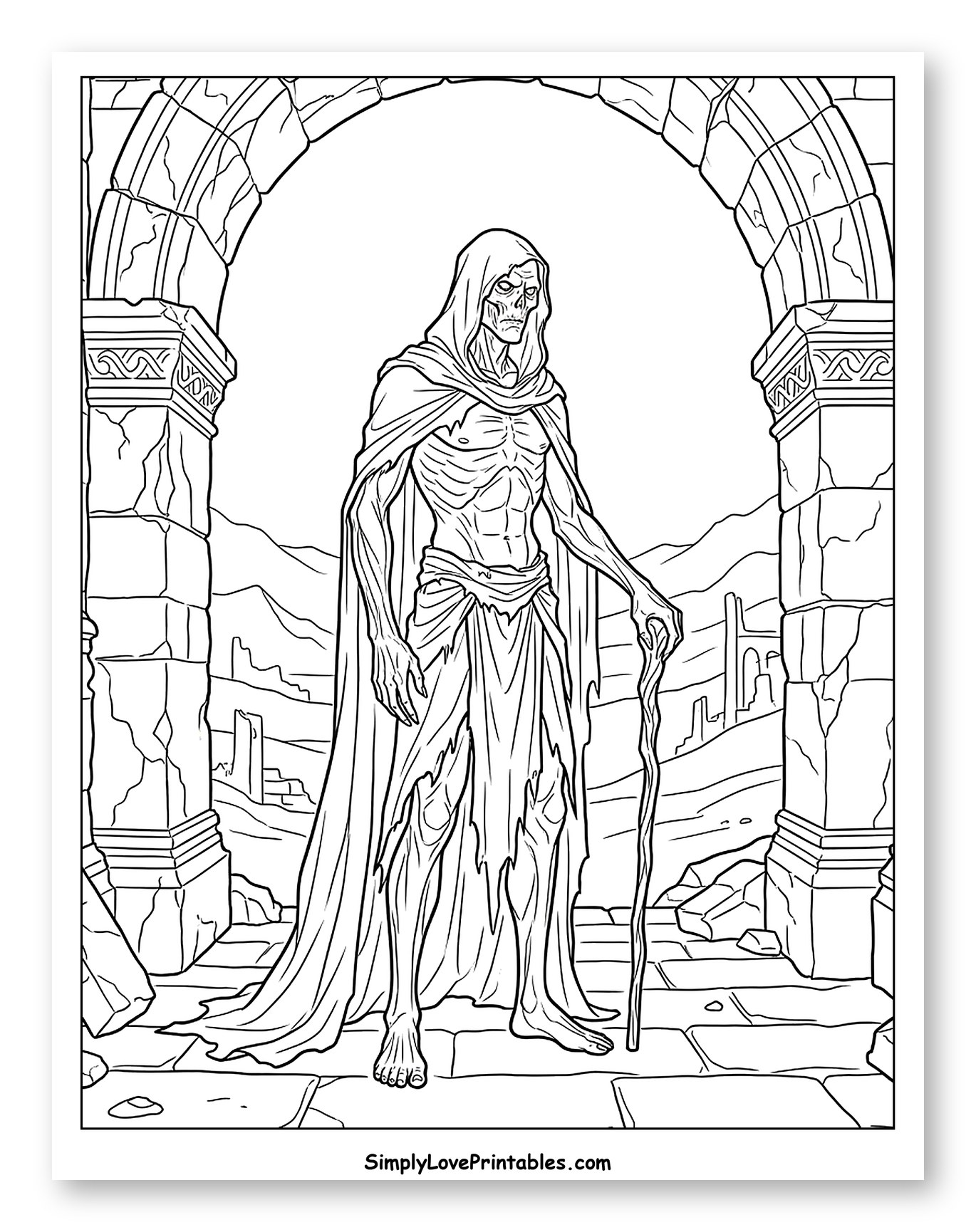 Hooded Ghoul in Ancient Ruins Coloring Sheet