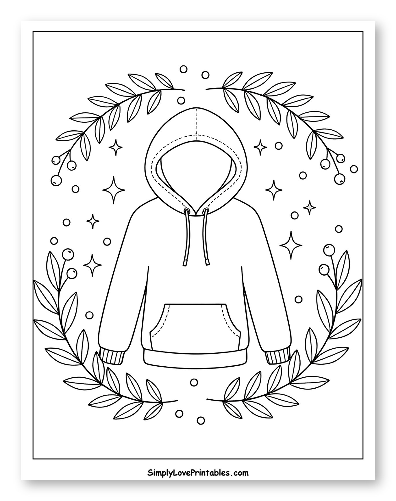 Hoodie in a Wreath with Berries and Stars Coloring Sheet for Adults