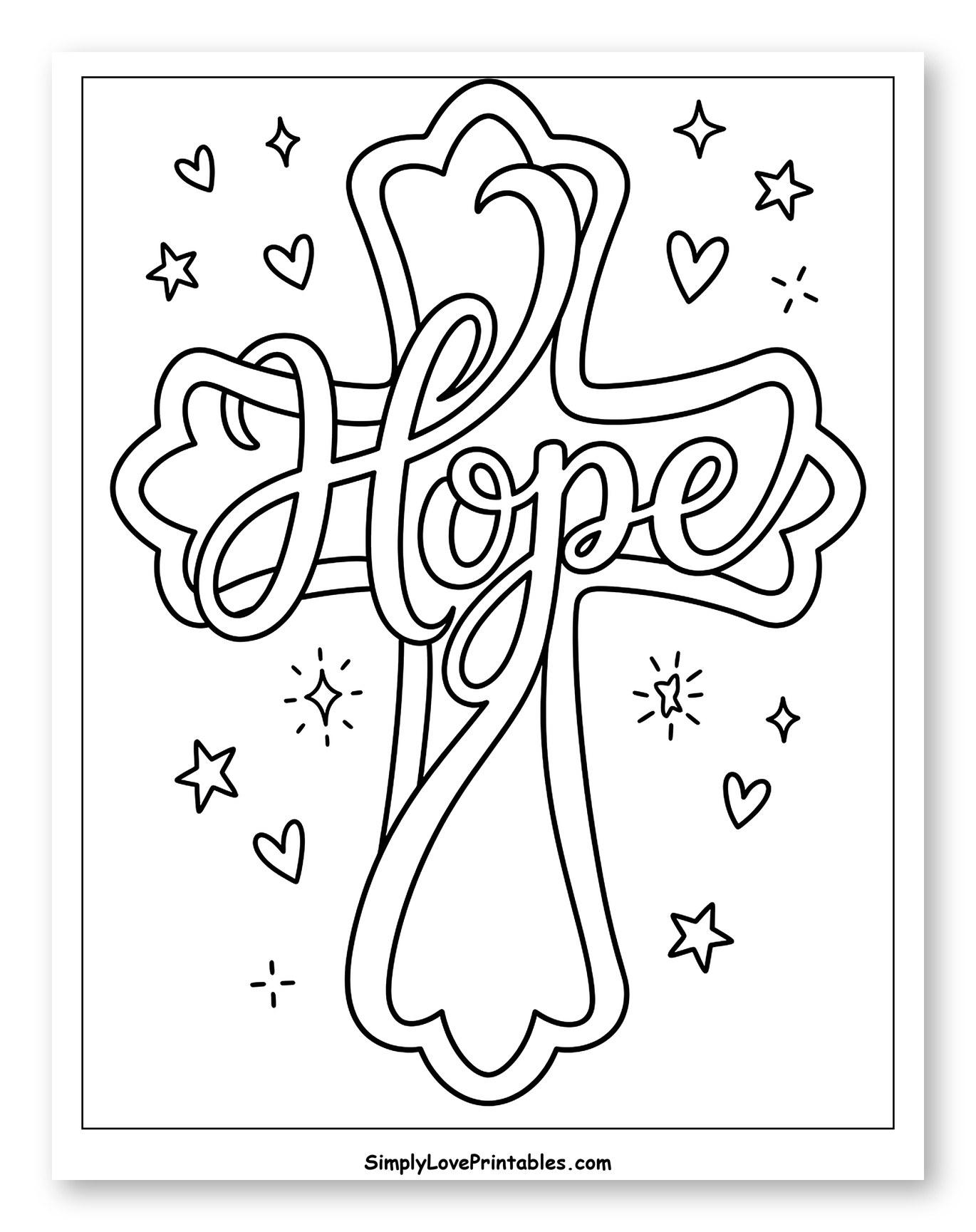 Hope Cross with Hearts and Stars Coloring Page for Adults
