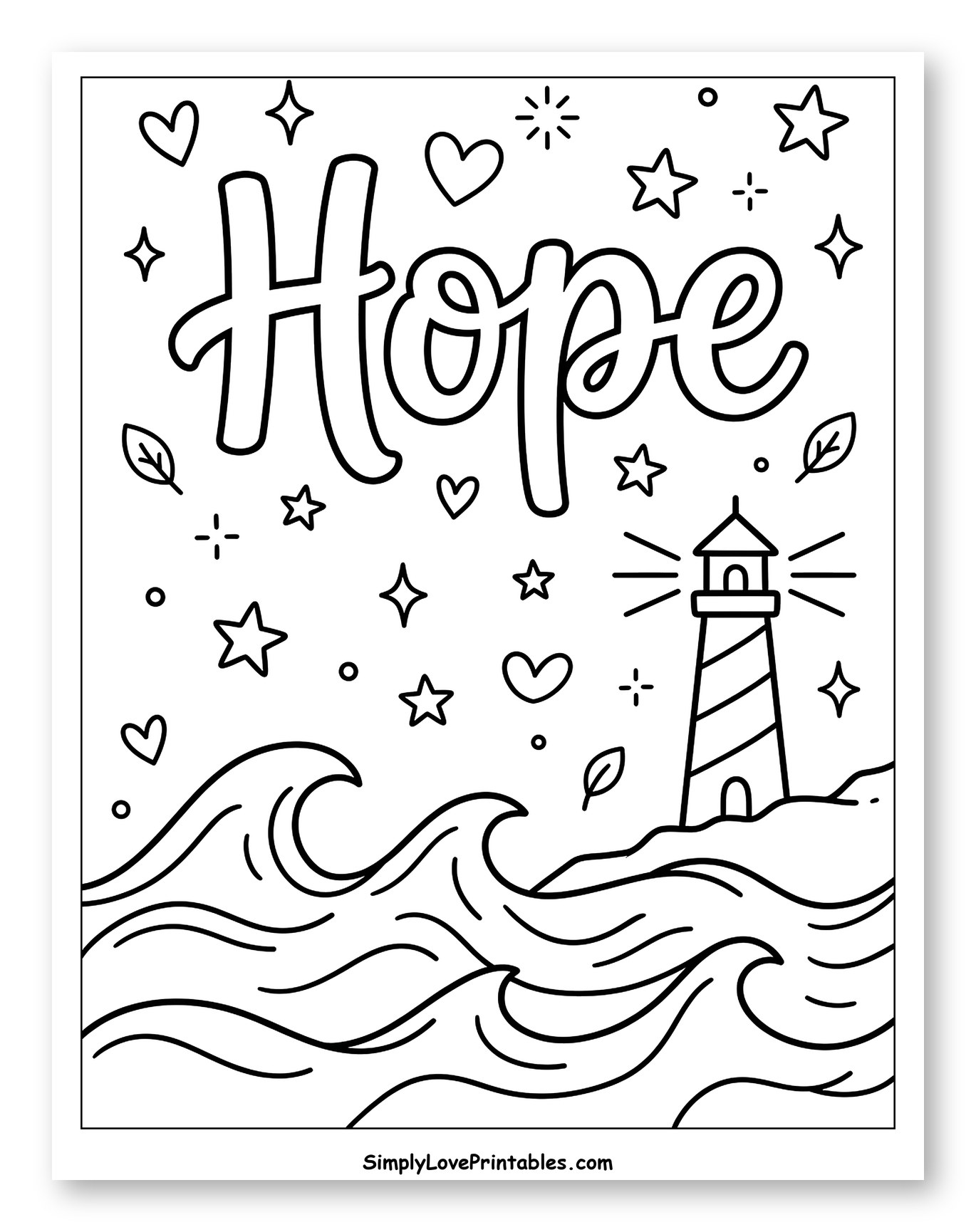 Hope Lettering Lighthouse and Ocean Waves to Color for Adults