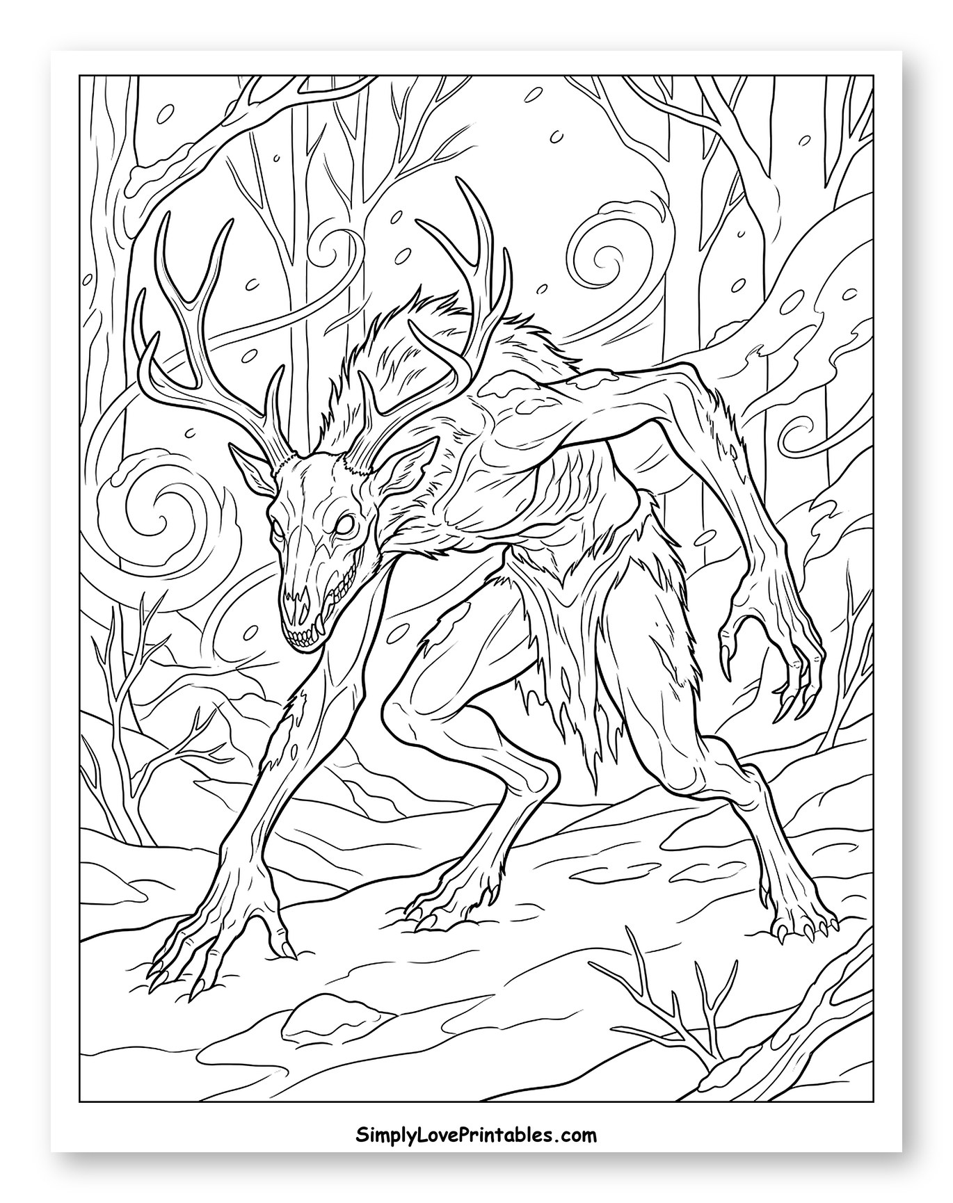 Horrifying Wendigo Monster in Winter Woods Coloring Sheet