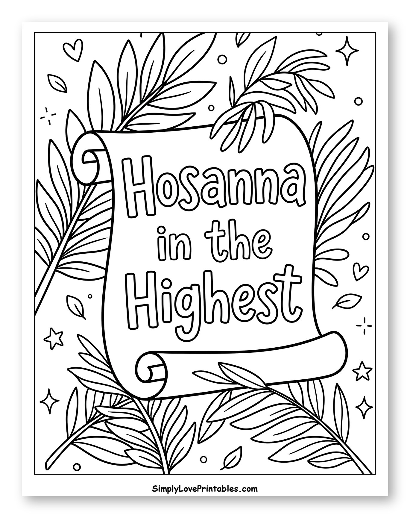 Hosanna Scroll Surrounded by Palm Branches Coloring Page for Adults