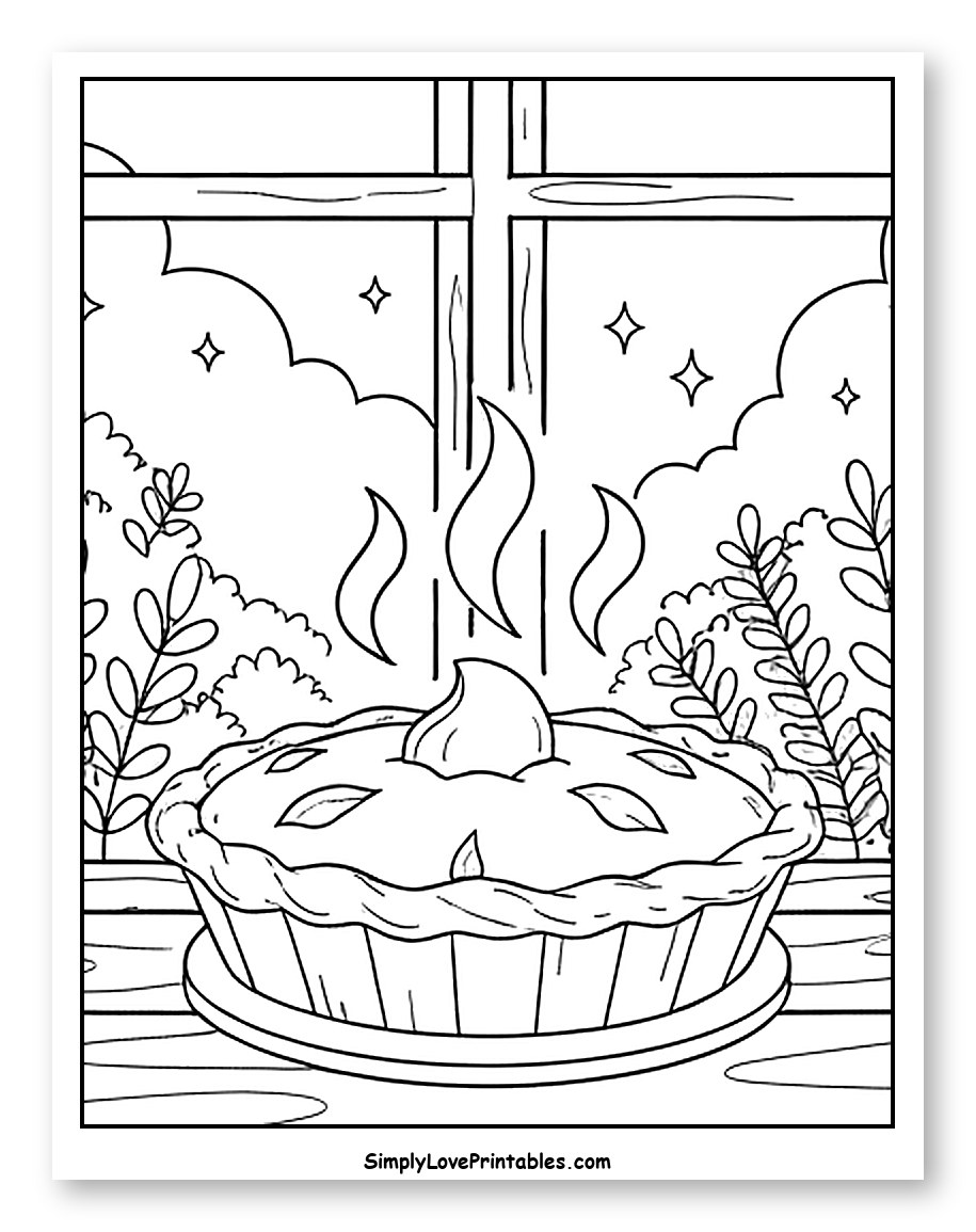 Hot Apple Pie on a Windowsill Coloring Sheet for Adults