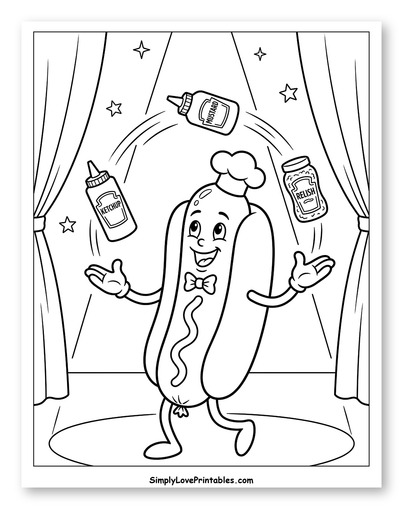 Hot Dog Character Juggling Condiments on Stage