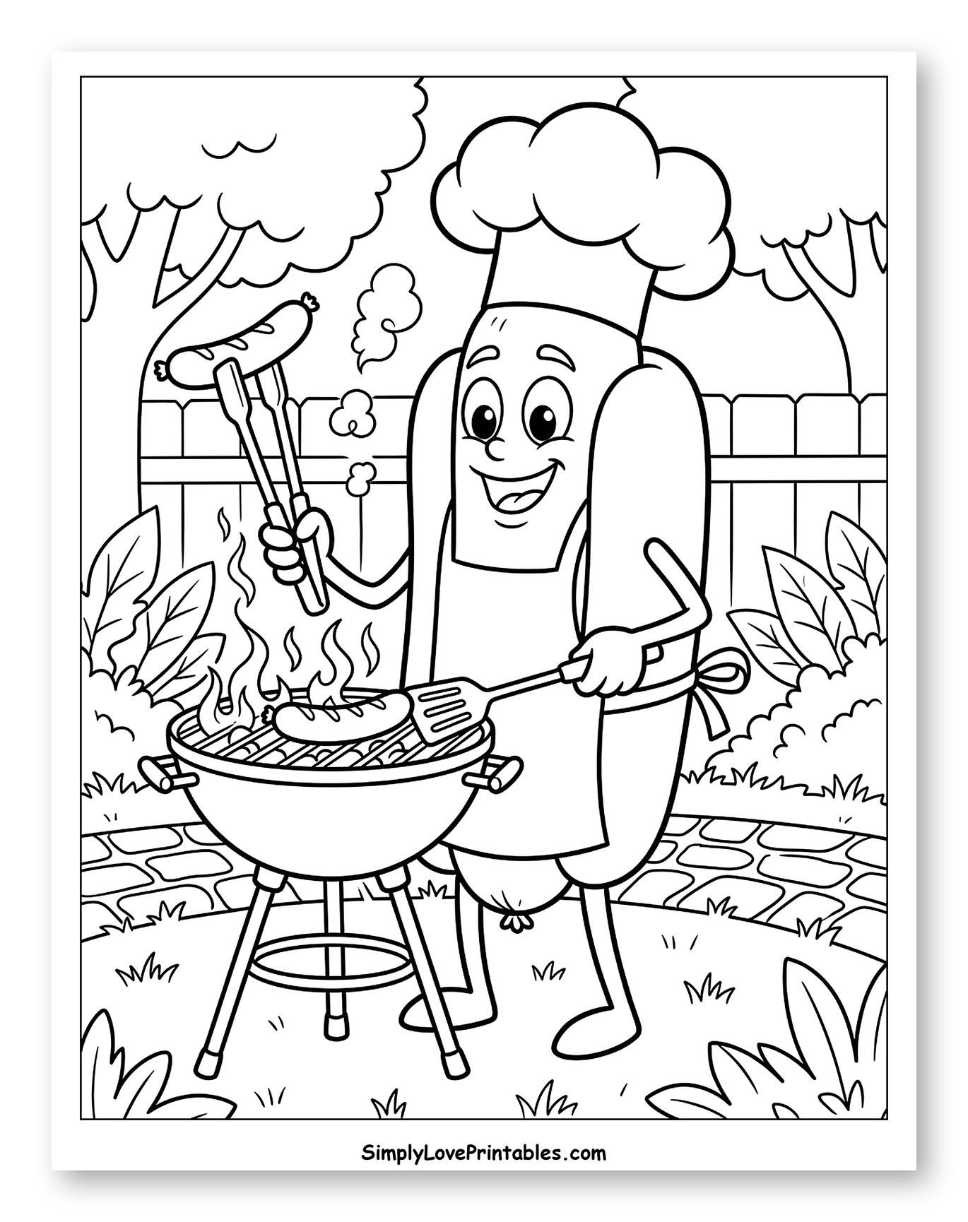 Hot Dog Chef Grilling Sausages in Backyard Coloring Sheet for Kids