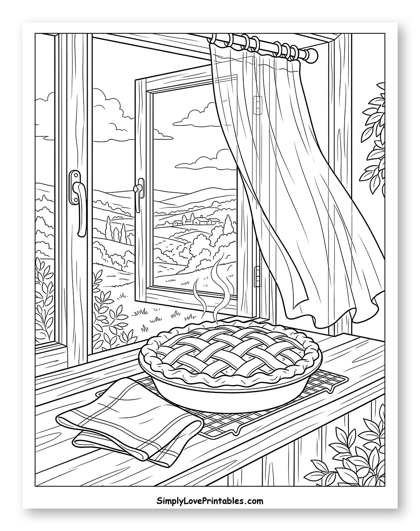 Hot Pie on Windowsill with Countryside View