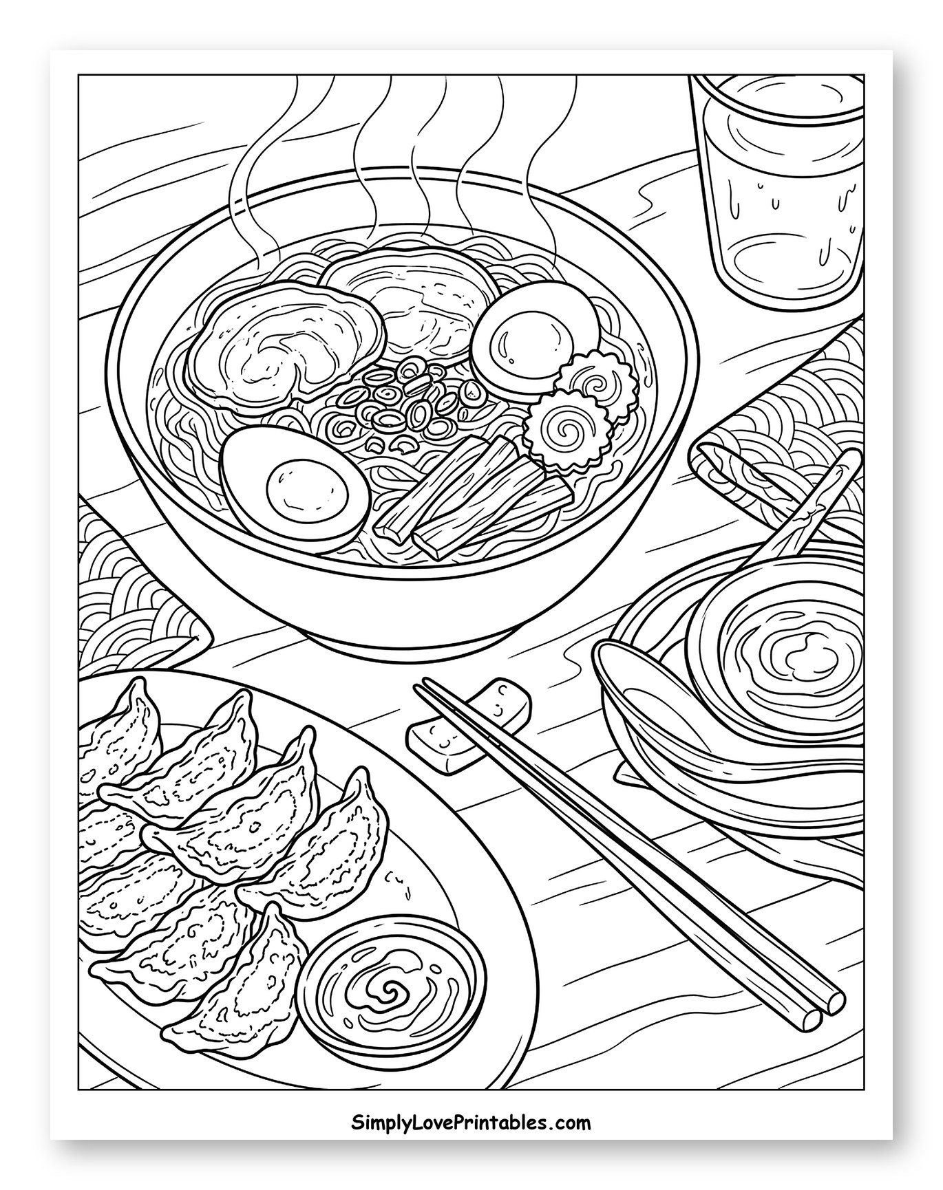 Hot Ramen Bowl, Dumplings, and Chopsticks Coloring Sheet