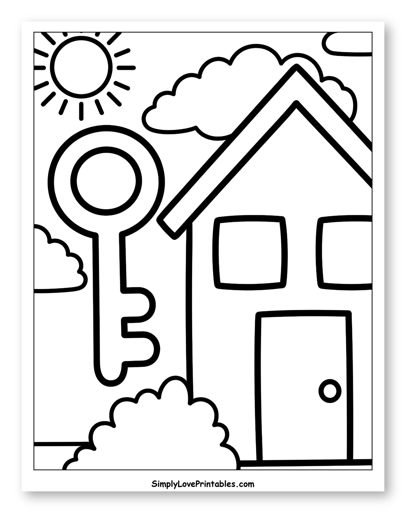 House with a Big Key and Sunny Sky Coloring Sheet for Toddlers