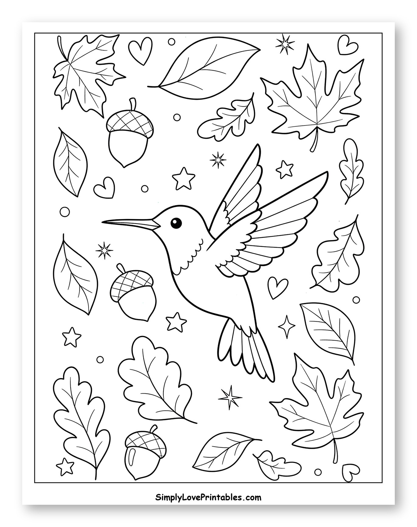 Hummingbird Flying Amidst Autumn Leaves and Acorns