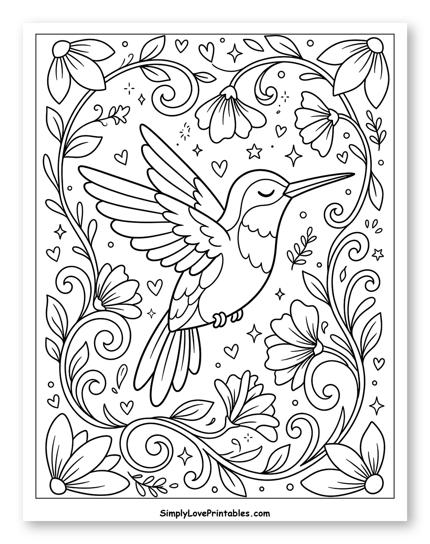 Hummingbird Flying Amidst Decorative Flowers and Vines Coloring Page for Adults