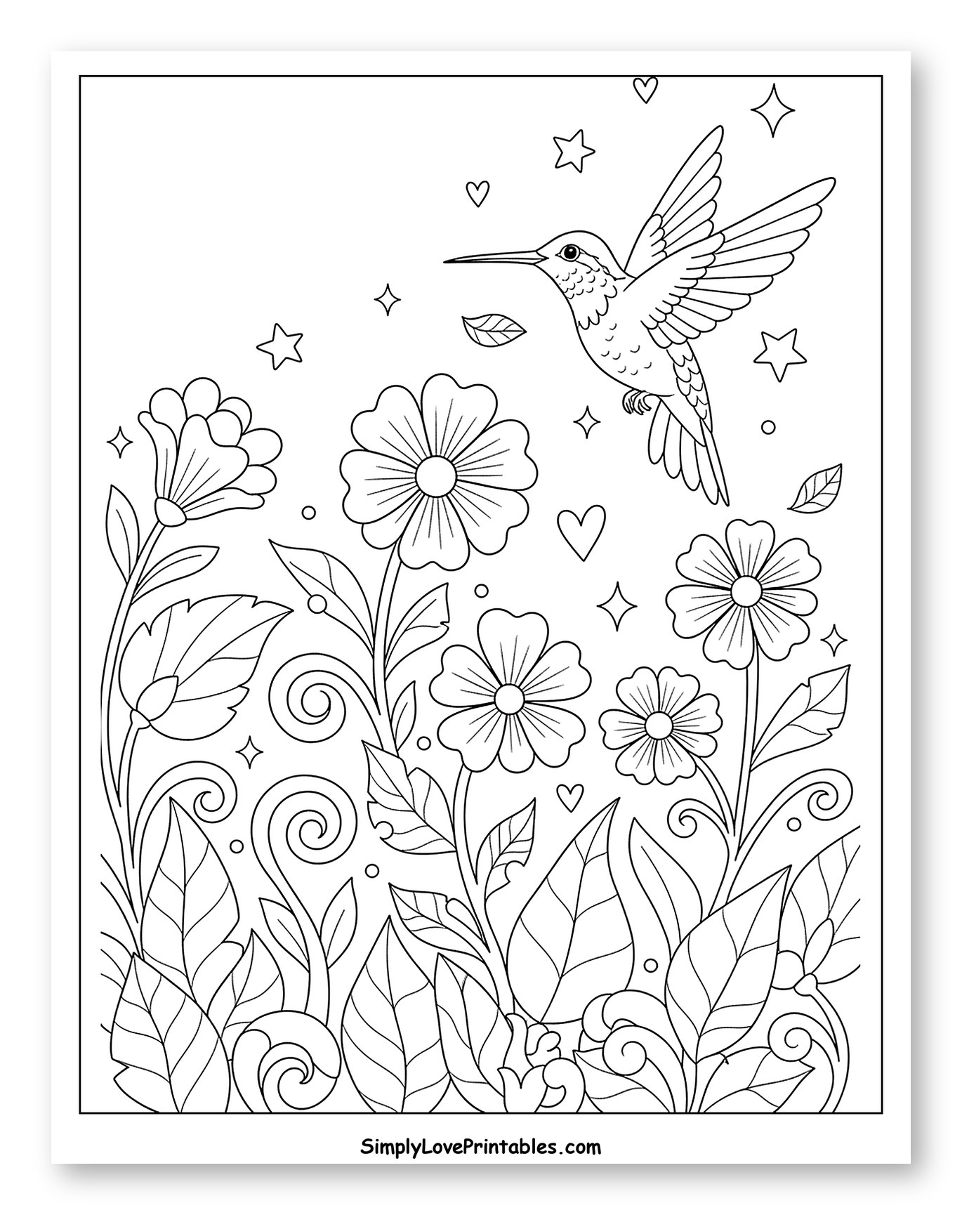 Hummingbird Flying Among Whimsical Garden Flowers Coloring Page for Adults