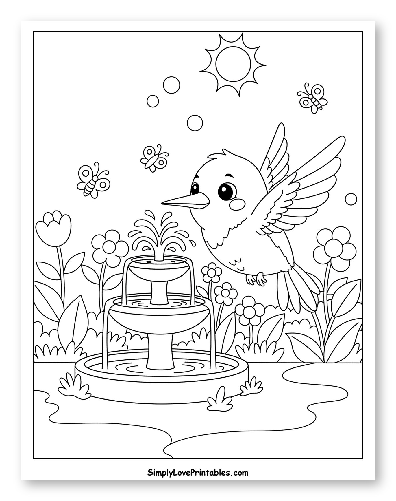 Hummingbird Flying Near a Garden Fountain