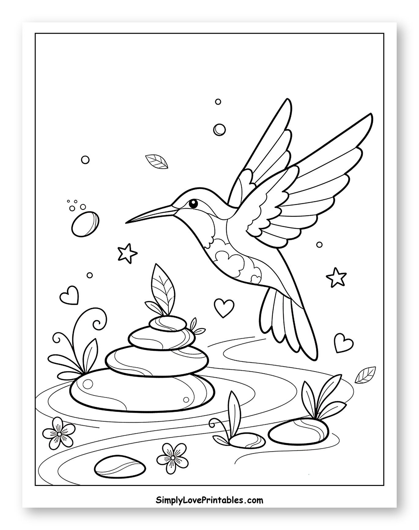 Hummingbird Flying Over Peaceful Zen Garden Coloring Sheet for Adults