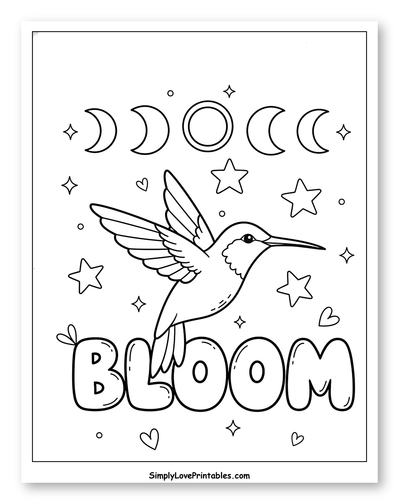 Hummingbird Flying with Moon Phases and Word Bloom