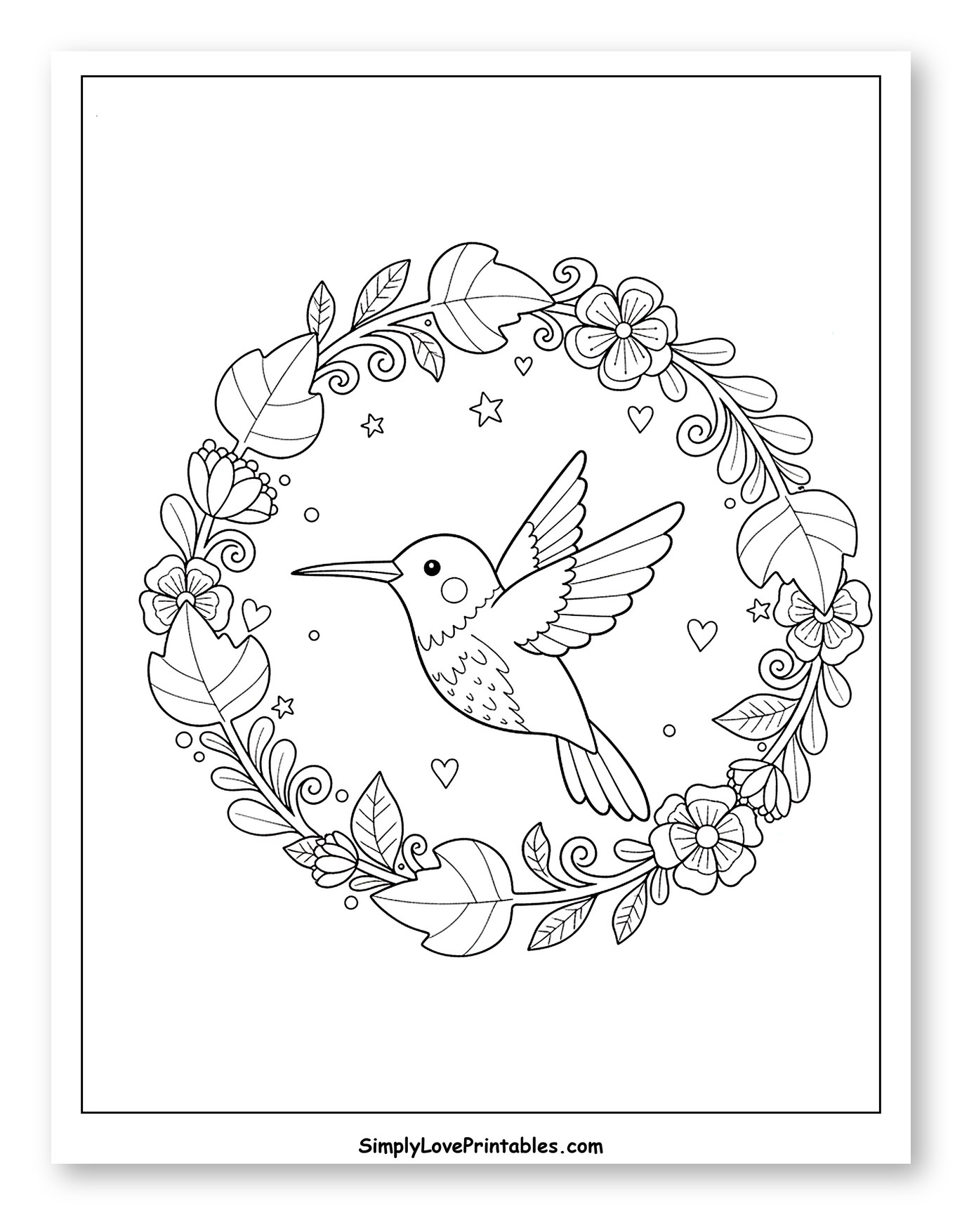 Hummingbird in a Floral Wreath Coloring Sheet for Adults