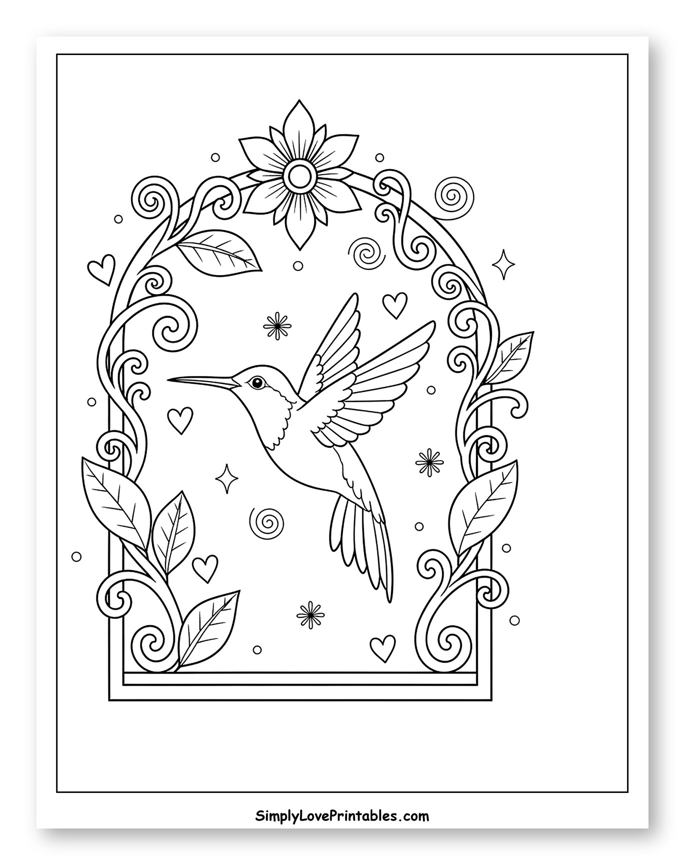 Hummingbird in Floral Arch Frame to Color for Adults