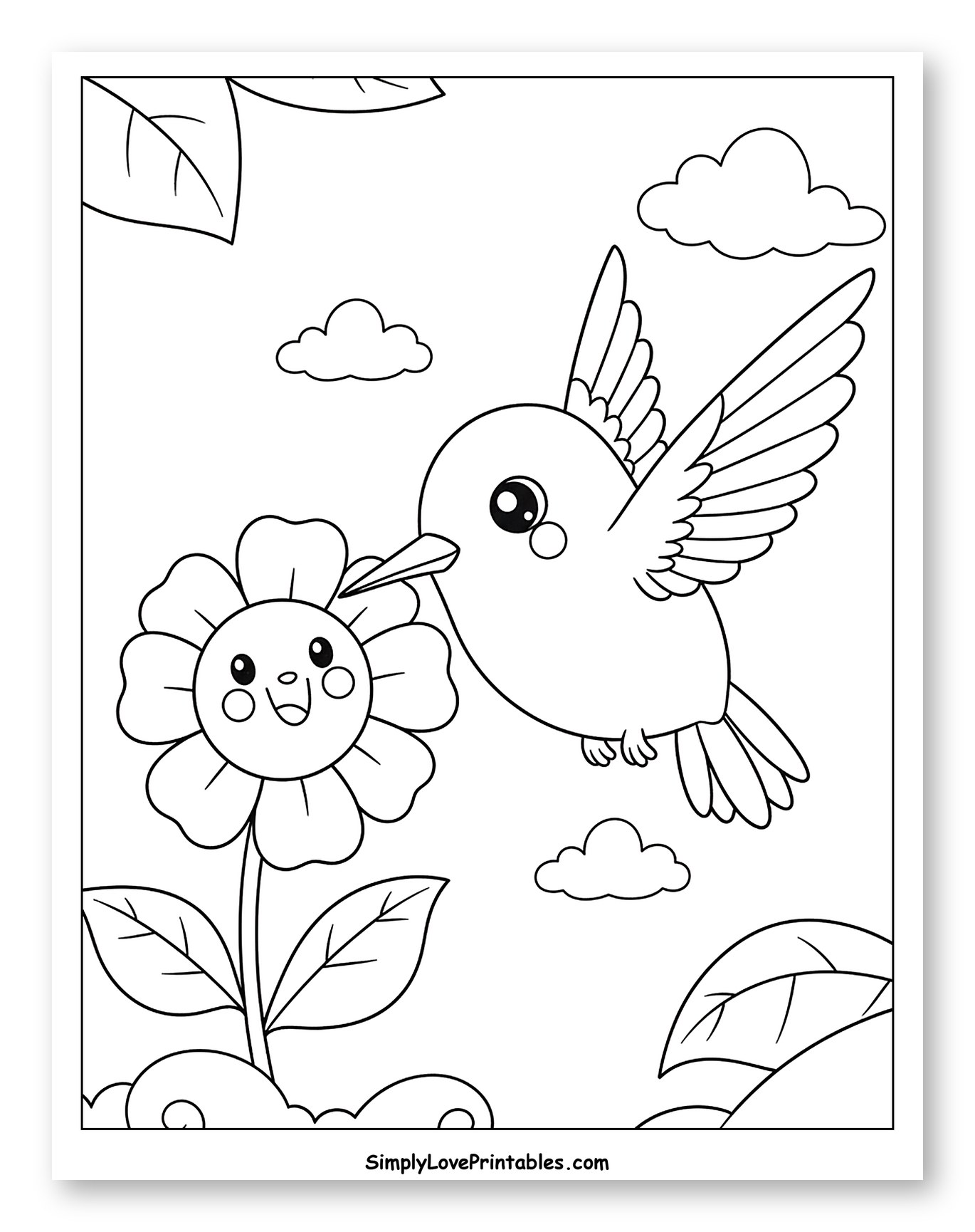 Hummingbird Visiting a Happy Flower Coloring Page for Kids