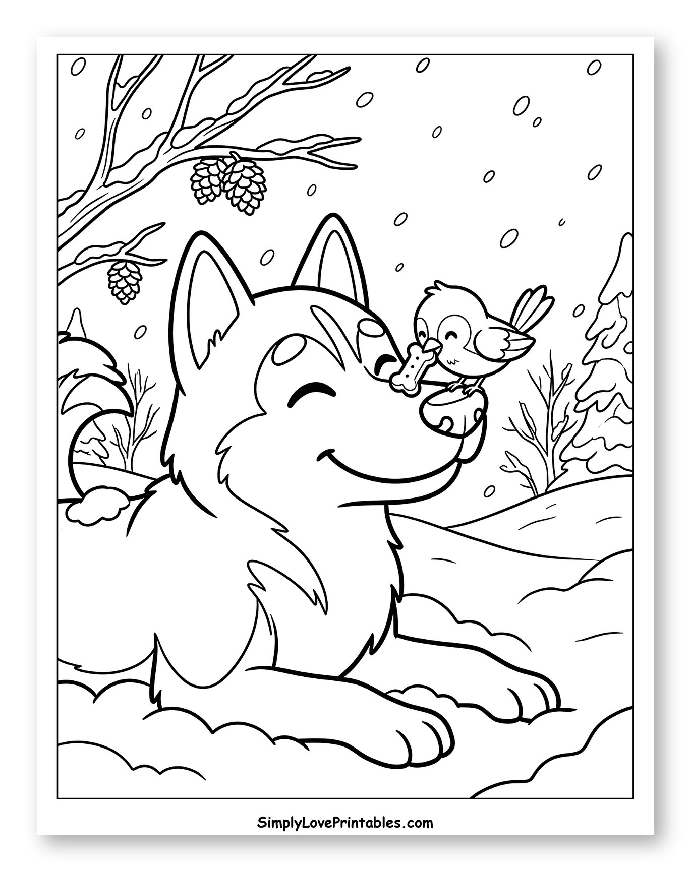 Husky and Bird Sharing a Treat