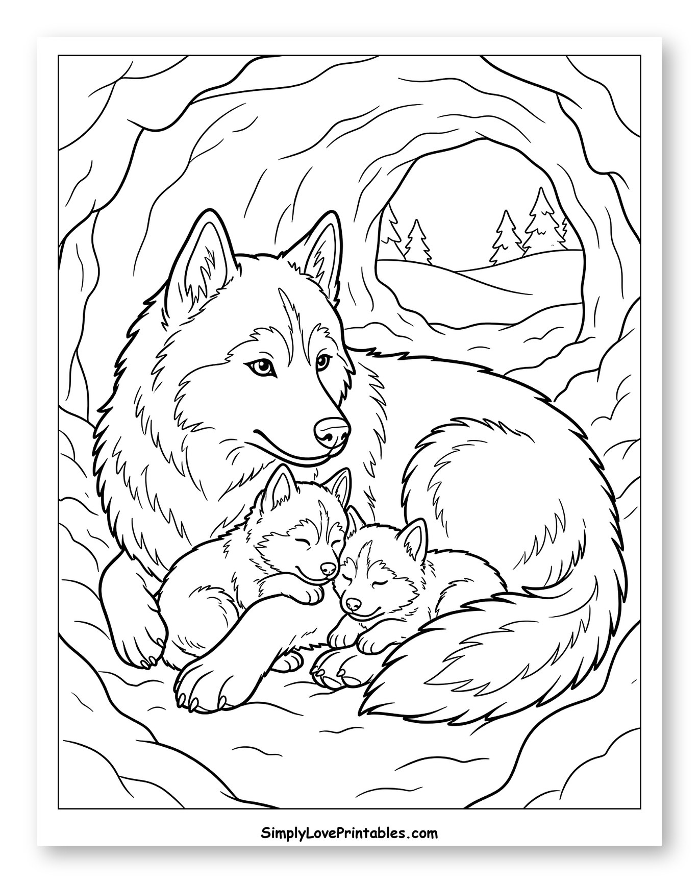 Husky Mother and Her Sleeping Pups in Den Coloring Page for Kids