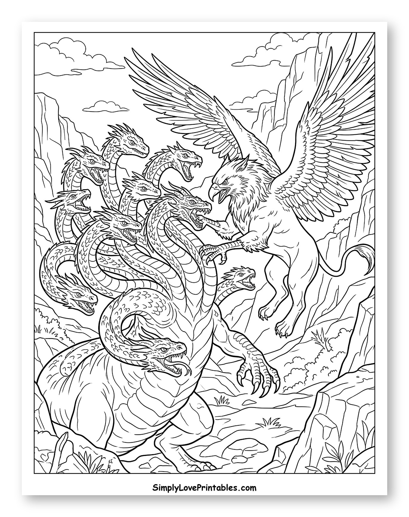 Hydra Battling a Majestic Griffin in Mountains Coloring Page