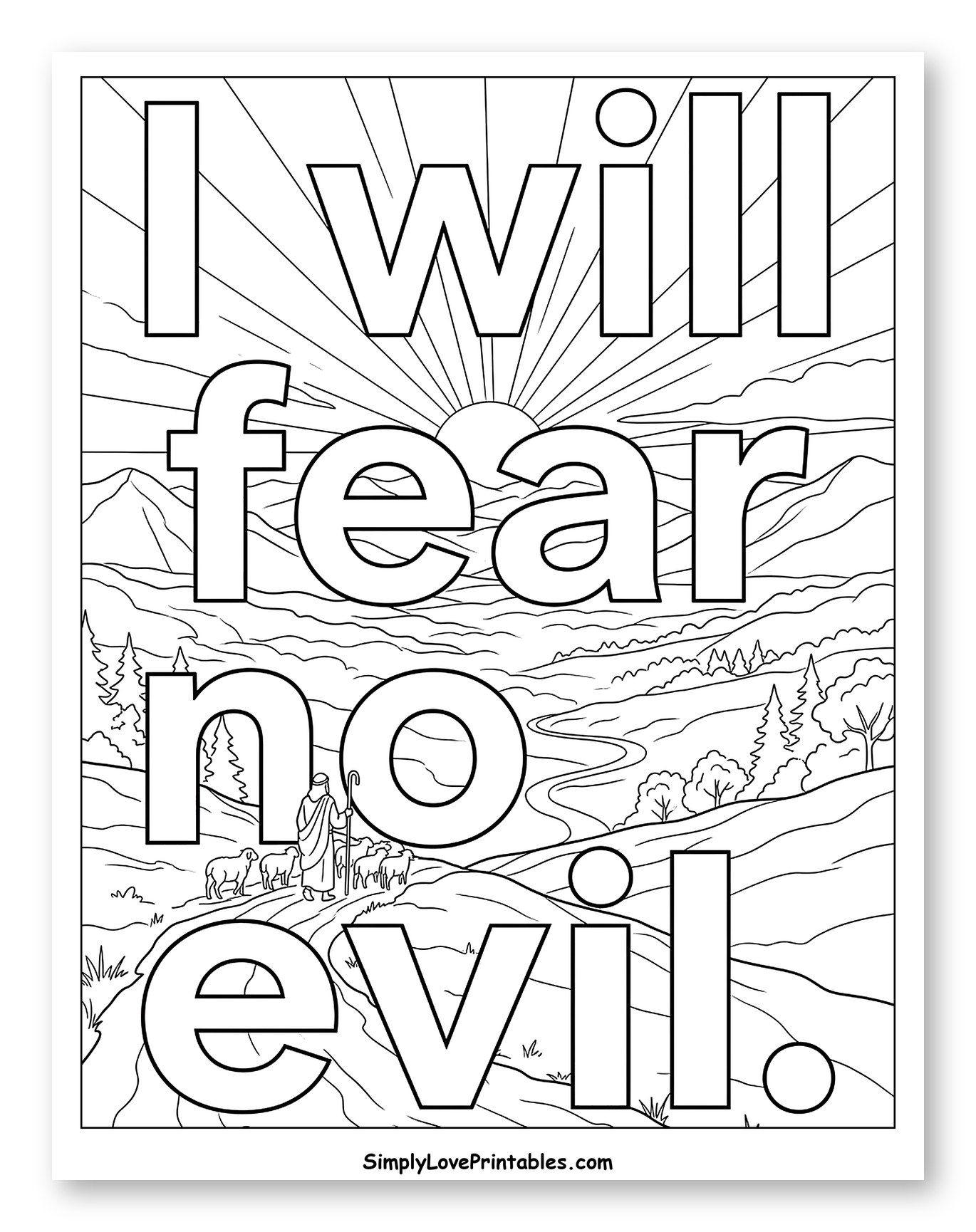 I Will Fear No Evil Scripture with Shepherd Coloring Sheet