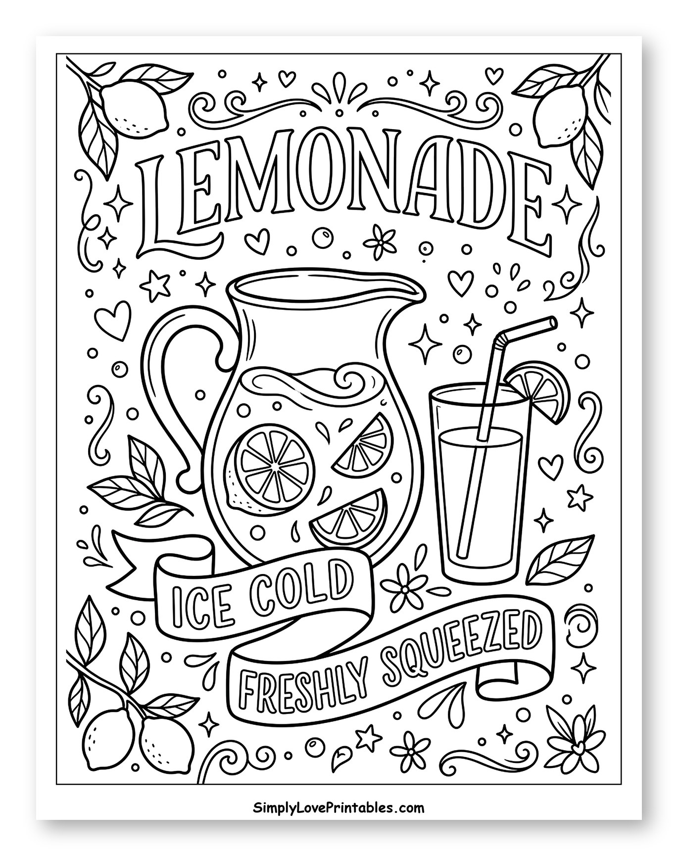 Ice Cold Lemonade with Lemon Slices Coloring Sheet for Adults