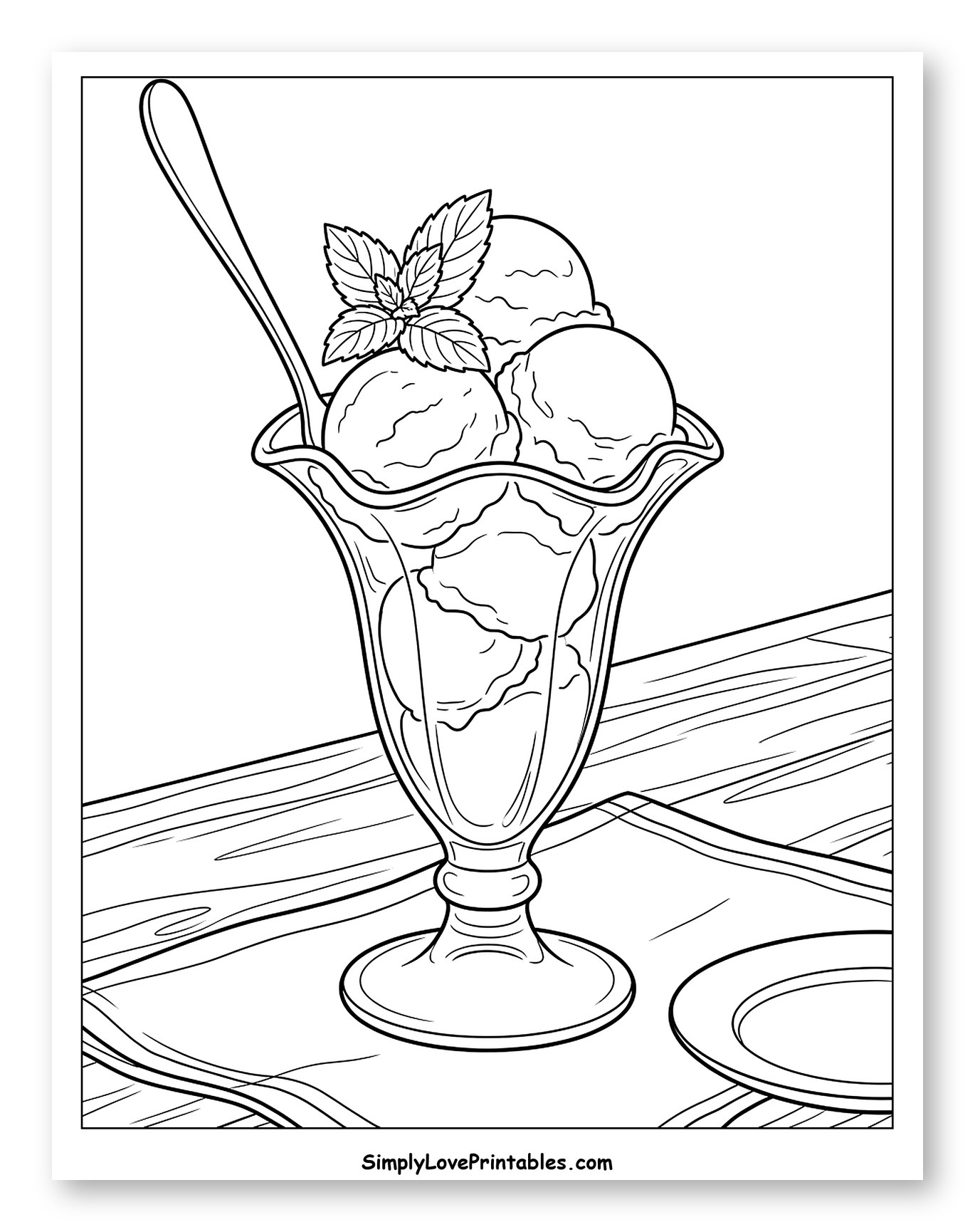 Ice Cream Sundae with Mint and Spoon Coloring Page