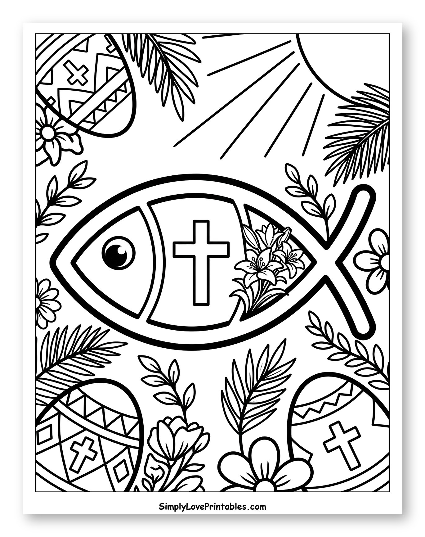 Ichthus Fish with Cross, Lilies, and Easter Eggs Coloring Sheet for Toddlers