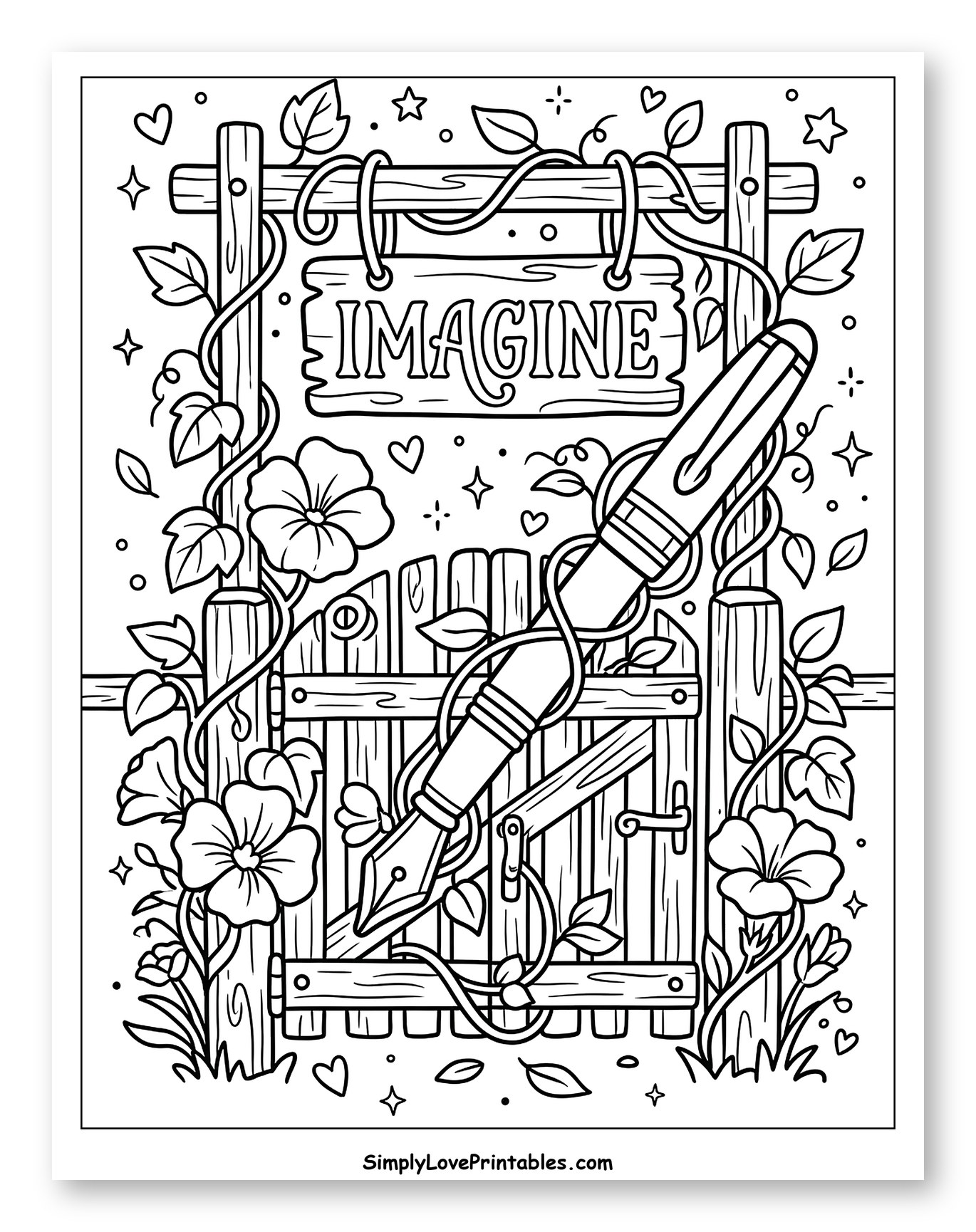 Imagine Sign and Fountain Pen on a Gate Coloring Sheet for Adults