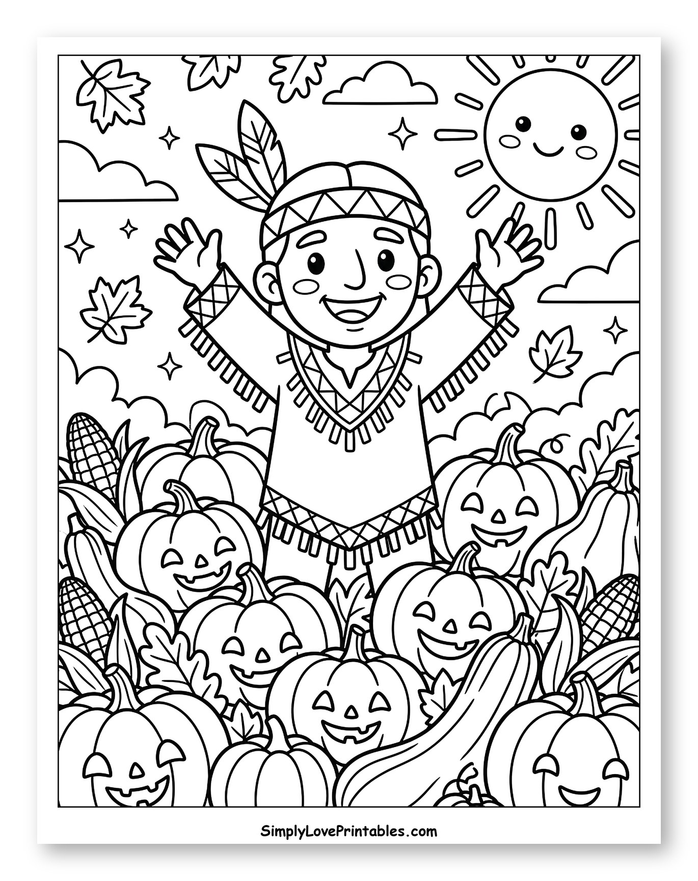 Indigenous Boy with Fall Harvest and Sun