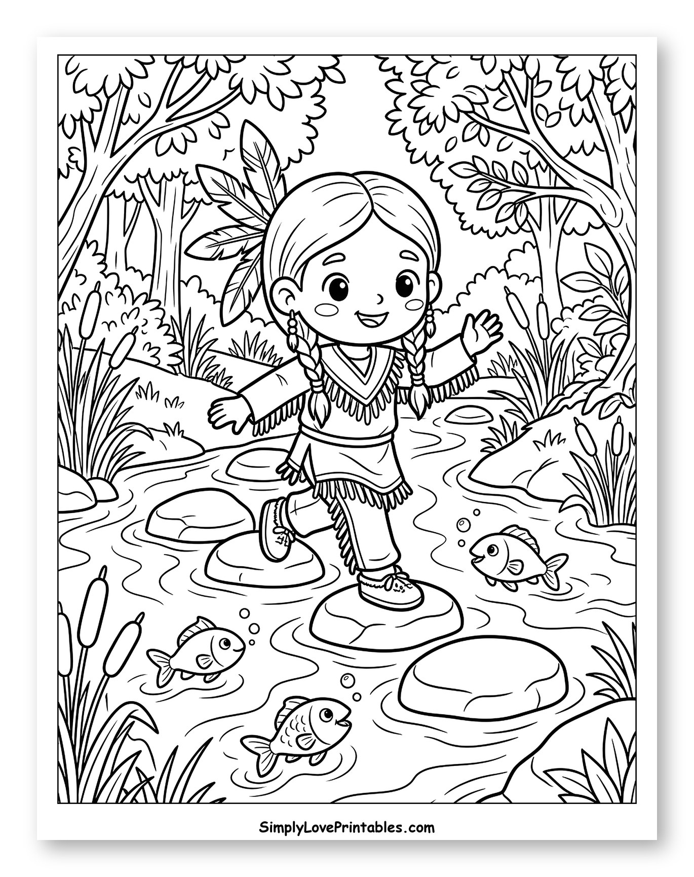 Indigenous Girl Stepping Across River Rocks Coloring Page for Kids