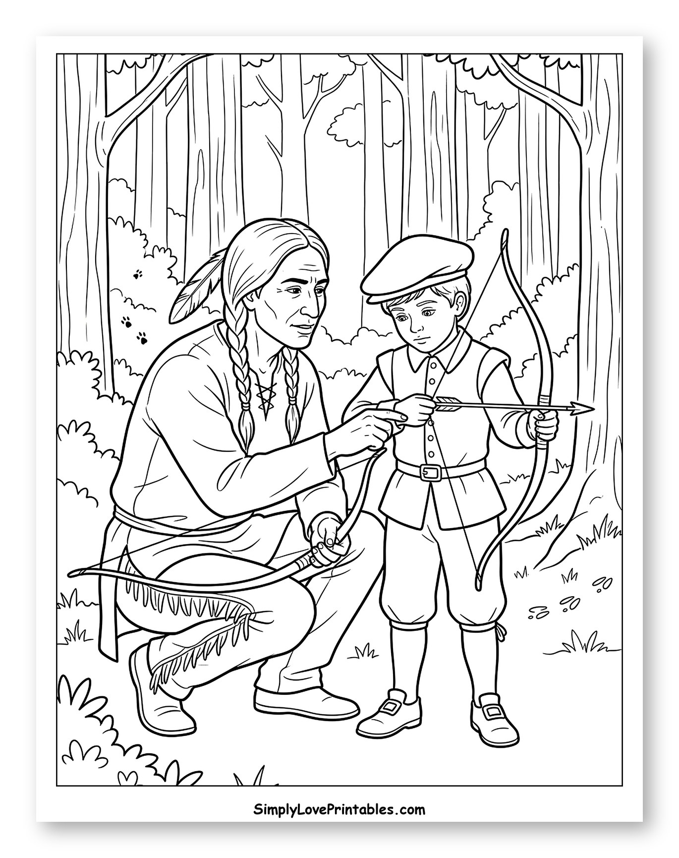 Indigenous Man Teaching Boy Archery Coloring Sheet
