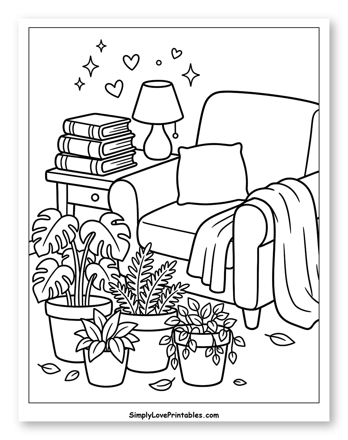 Indoor Plants by a Cozy Reading Chair Coloring Page for Adults