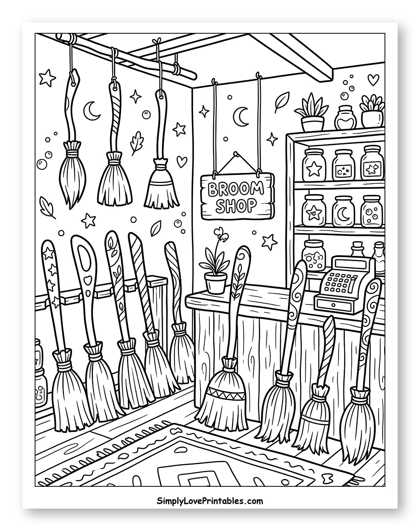 Inside a Witch's Broom Shop Coloring Page for Adults